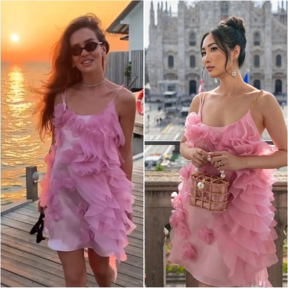 Milla Romantic Garden of Eden Ruffled Mini Dress With Rose Appliques Pink